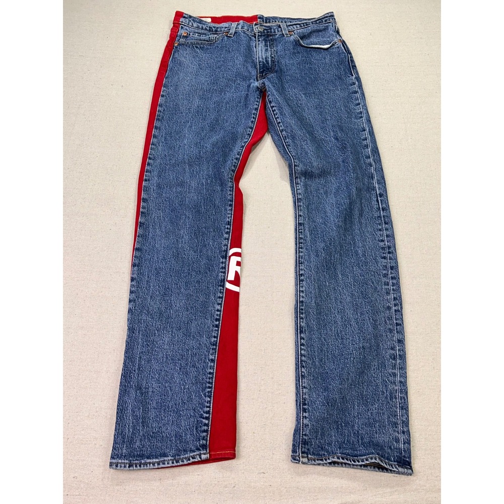 Levis Premium 541 BIG E Jeans Mens 32x34 Split Leg Blue Red Logo Graphic